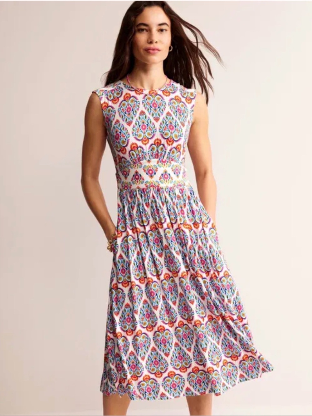 Boden Thea Sleeveless Midi Dress 2P Pockets Flora Stamp Geo Jersey